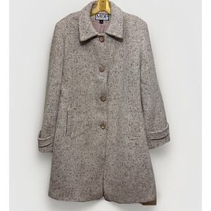 VTG MDP Designs New York Women's Size 16 Wool Blend Tweed Long Coat Beige Pocket
